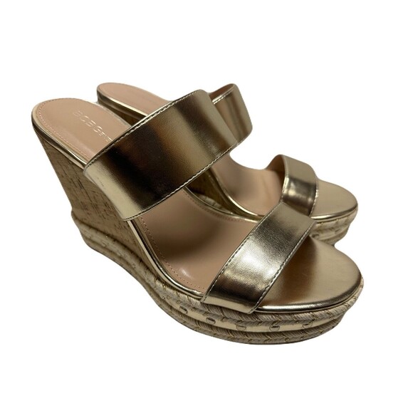 NEW BCBGeneration Nexti Cork Wedge Sandal Womens Size 10 Platino Gold Vegan Lthr - Picture 3 of 10